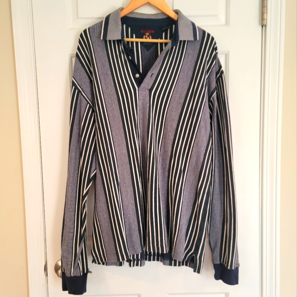 Mens Retro Ivy Crew Longleeve Navy & White Shirt Size: Large